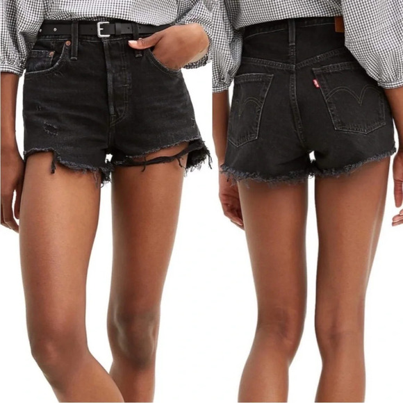 LEVI’S Premium 501 Distressed Cutoff Black Summer Rigid Denim Shorts - Picture 3 of 13